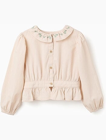 Camicetta in popeline con volant e maniche a palloncino