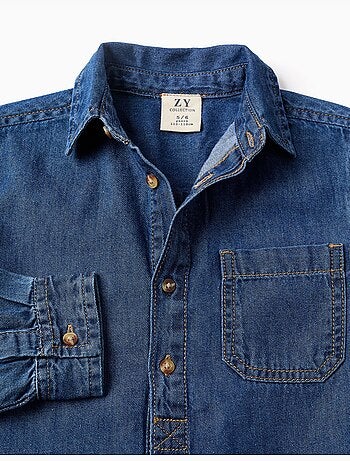 Camicia a manica lunga in denim con tasca sul petto