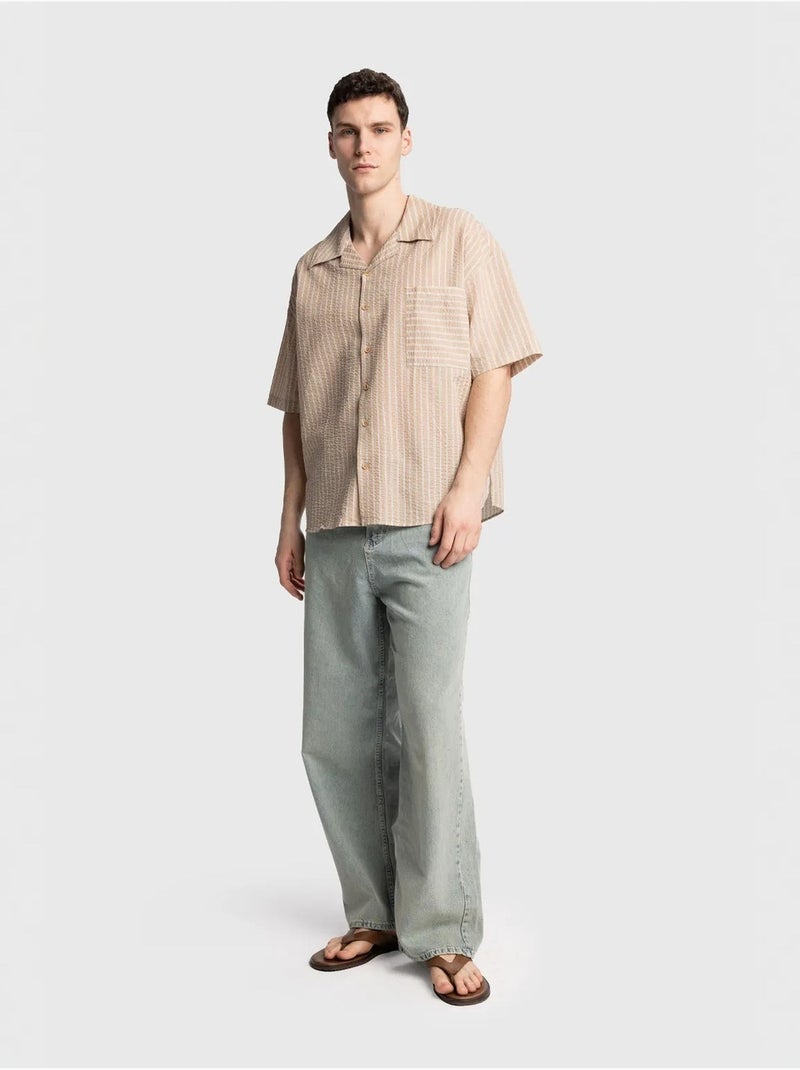 Camicia a maniche corte a righe testurizzate con taschino giesto Beige argilla - Kiabi