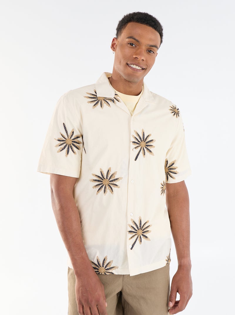 Camicia a maniche corte con motivo ricamato Beige - Kiabi