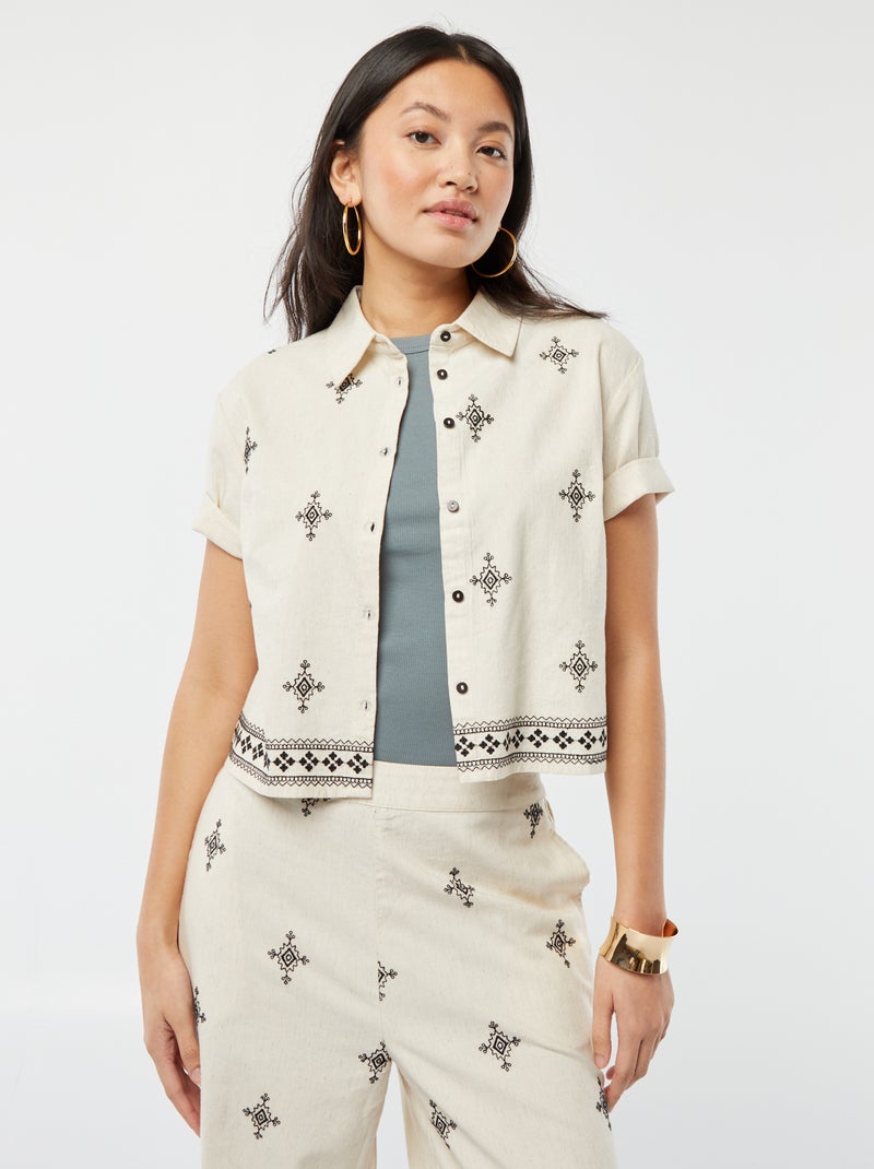 Camicia a maniche corte con ricami BEIGE - Kiabi