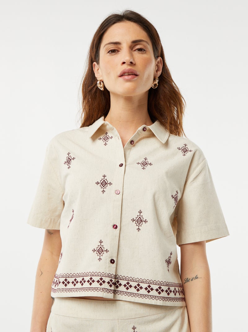 Camicia a maniche corte con ricami BEIGE - Kiabi