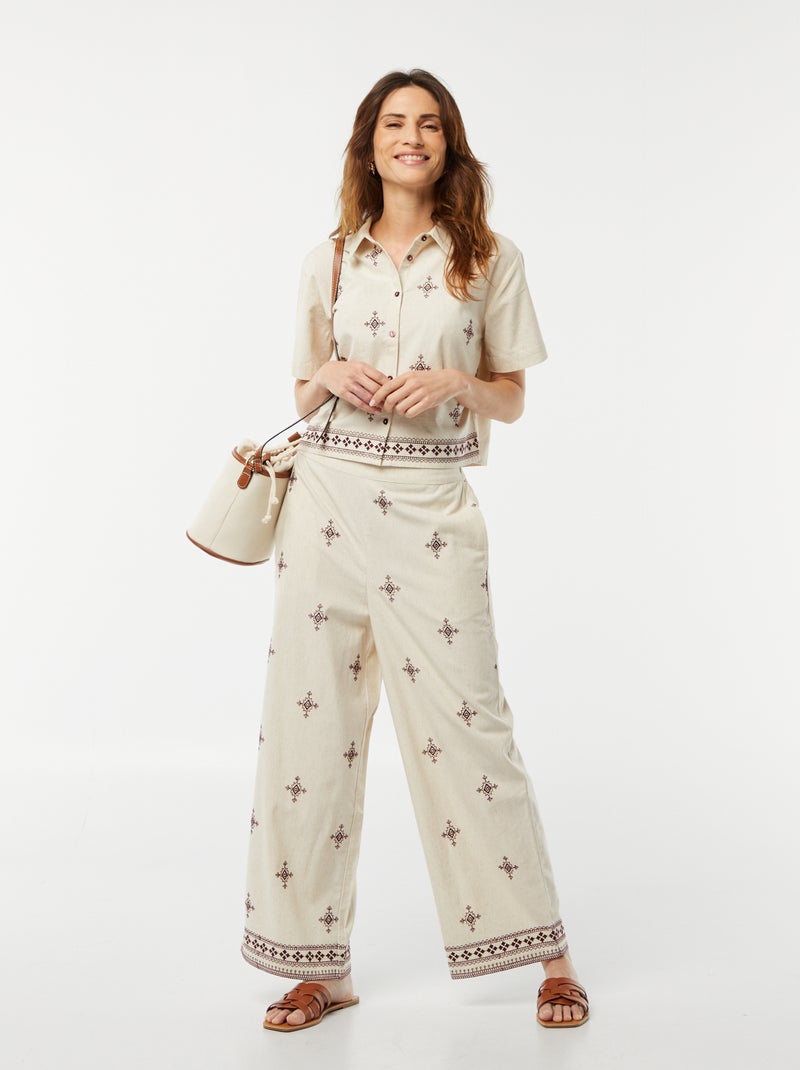 Camicia a maniche corte con ricami BEIGE - Kiabi