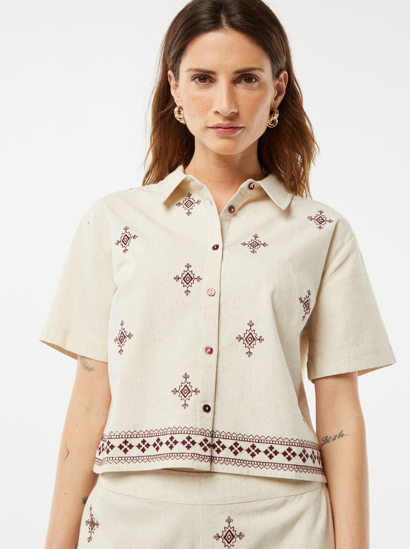 Camicia a maniche corte con ricami BEIGE - Kiabi