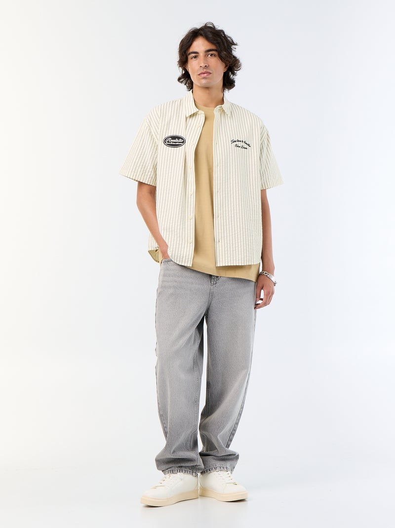 Camicia a maniche corte con ricami Beige - Kiabi