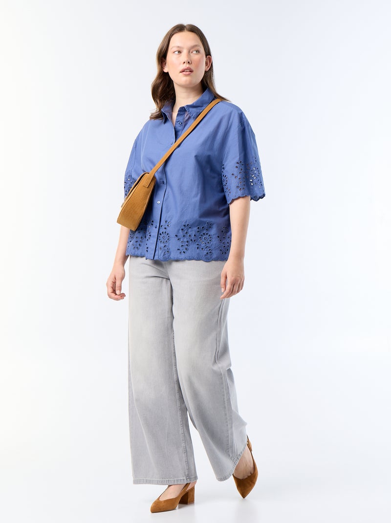 Camicia a maniche corte con ricamo traforato Blu - Kiabi