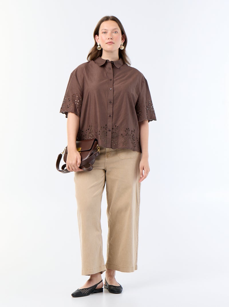 Camicia a maniche corte con ricamo traforato Marrone - Kiabi