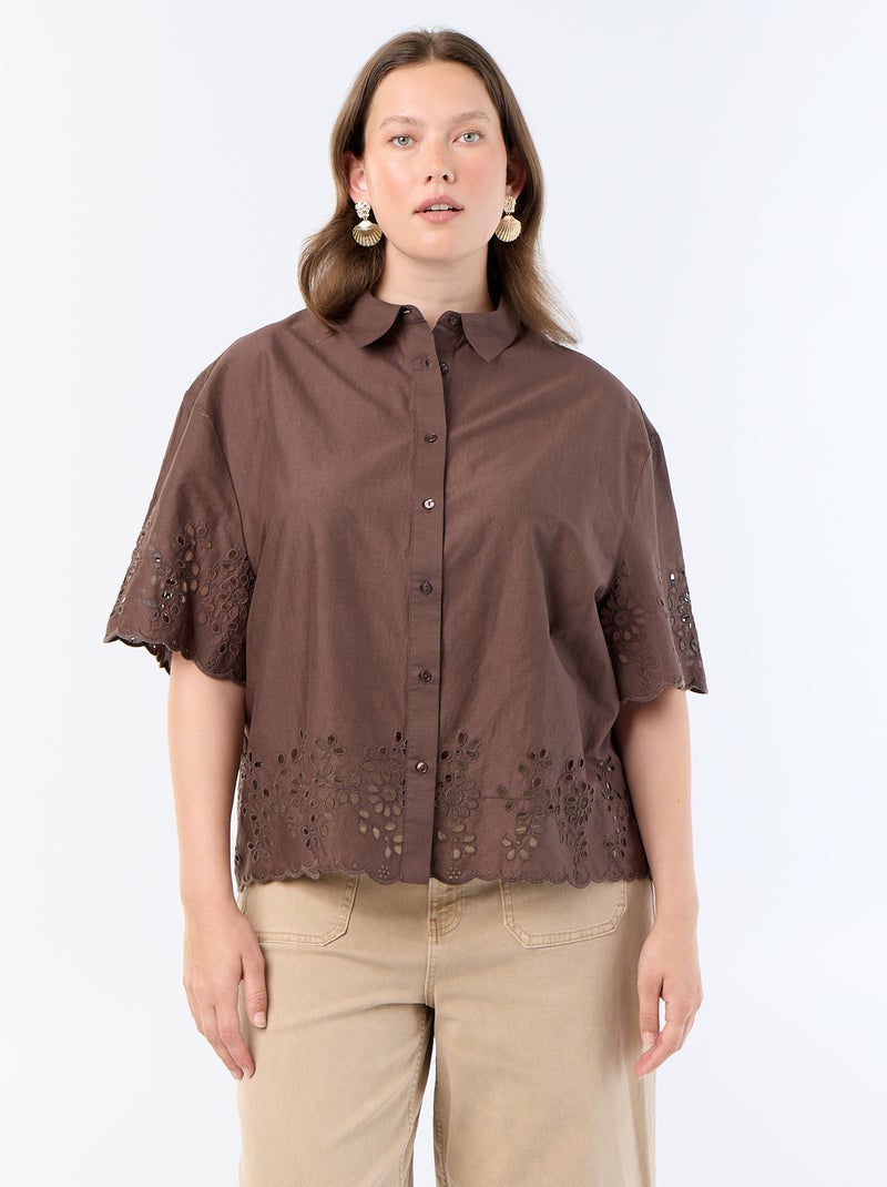 Camicia a maniche corte con ricamo traforato Marrone - Kiabi