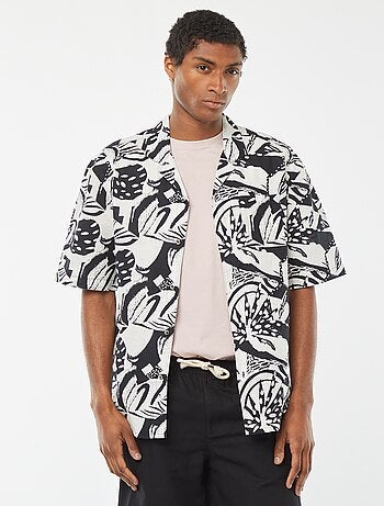Camicia a maniche corte con stampa in misto lino