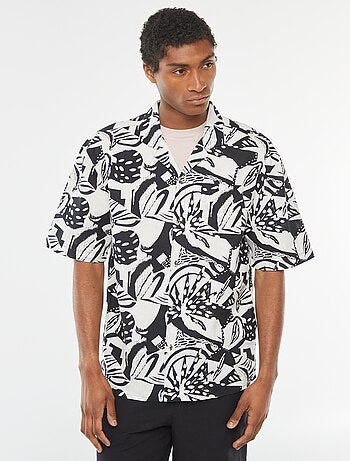 Camicia a maniche corte con stampa in misto lino