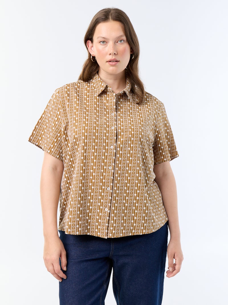 Camicia a maniche corte con stampa ricamata Marrone - Kiabi