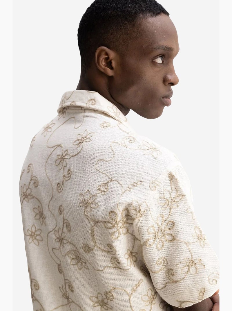 Camicia a maniche corte ricamata in popeline di cotone giesto Beige naturale - Kiabi
