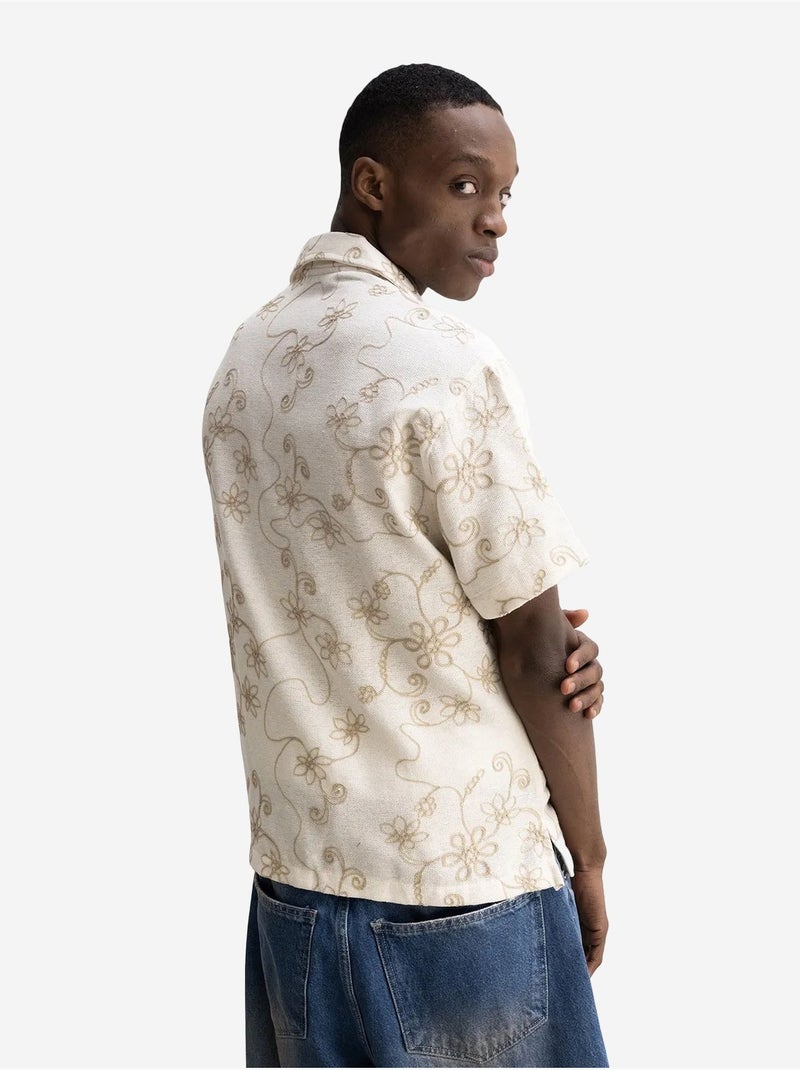 Camicia a maniche corte ricamata in popeline di cotone giesto Beige naturale - Kiabi