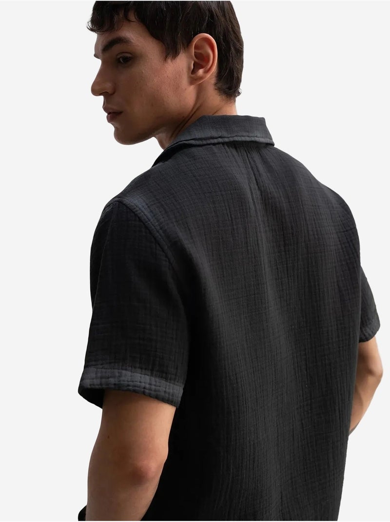Camicia a maniche corte testurizzata in cotone giesto Nero - Kiabi