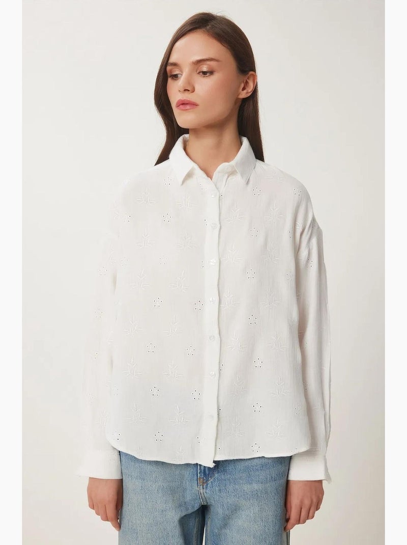 Camicia a maniche lunghe con ricamo testurizzato e chiusura a bottoni istanbul Avorio - Kiabi