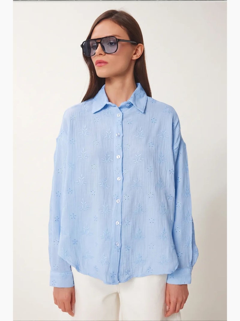 Camicia a maniche lunghe con ricamo testurizzato e chiusura a bottoni istanbul Blu cielo - Kiabi