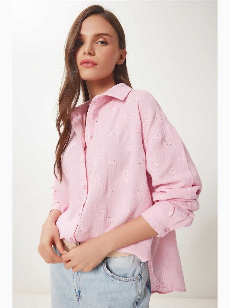 Camicia a maniche lunghe con ricamo testurizzato e chiusura a bottoni istanbul Rosa - Kiabi