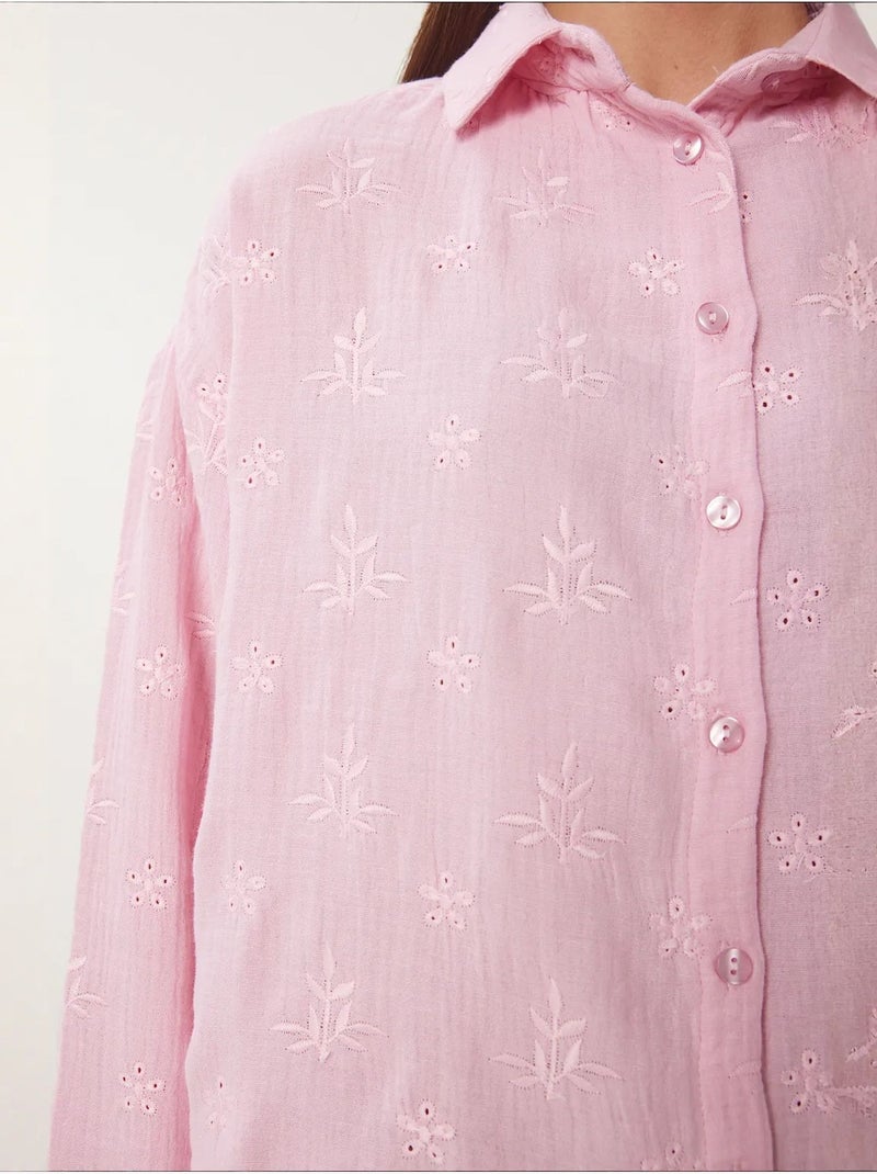 Camicia a maniche lunghe con ricamo testurizzato e chiusura a bottoni istanbul Rosa - Kiabi