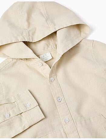 Camicia a maniche lunghe in lino e cotone con cappuccio