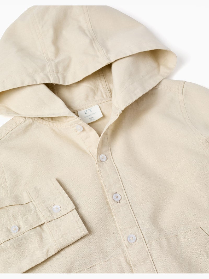 Camicia a maniche lunghe in lino e cotone con cappuccio Beige chiaro - Kiabi