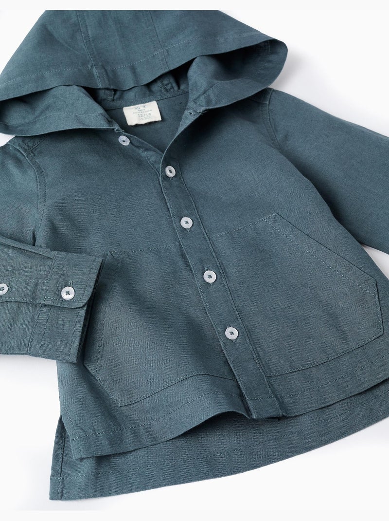 Camicia a maniche lunghe in lino e cotone con cappuccio Blu Blu - Kiabi