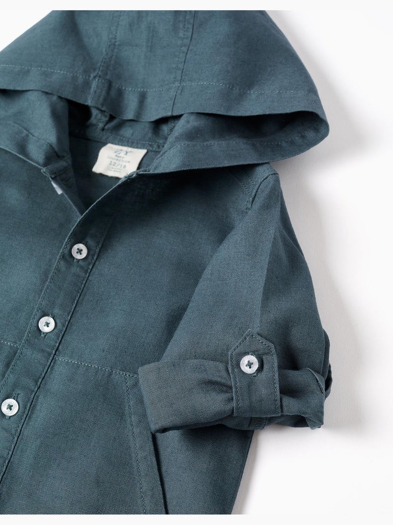 Camicia a maniche lunghe in lino e cotone con cappuccio Blu Blu - Kiabi