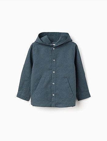 Camicia a maniche lunghe in lino e cotone con cappuccio