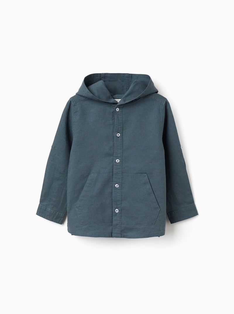 Camicia a maniche lunghe in lino e cotone con cappuccio Blu Blu - Kiabi