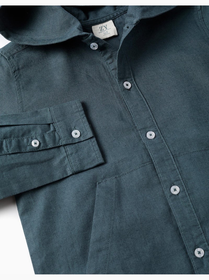 Camicia a maniche lunghe in lino e cotone con cappuccio Blu Blu - Kiabi