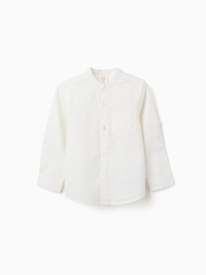 Camicia a maniche lunghe in lino e cotone con collo alla coreana Bianco - Kiabi