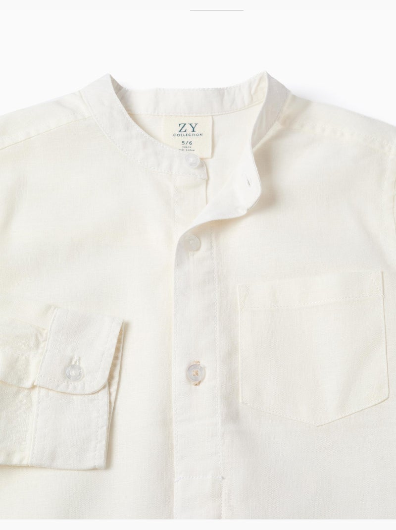 Camicia a maniche lunghe in lino e cotone con collo alla coreana Bianco - Kiabi