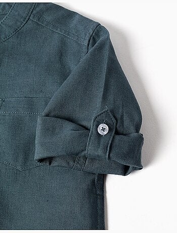 Camicia a maniche lunghe in lino e cotone con collo alla coreana