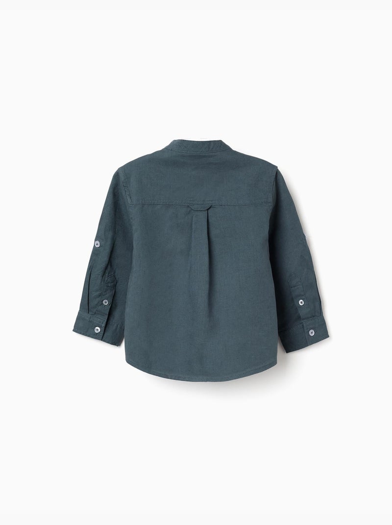 Camicia a maniche lunghe in lino e cotone con collo alla coreana Blu Blu - Kiabi