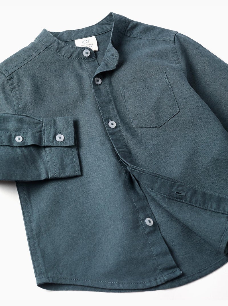 Camicia a maniche lunghe in lino e cotone con collo alla coreana Blu Blu - Kiabi