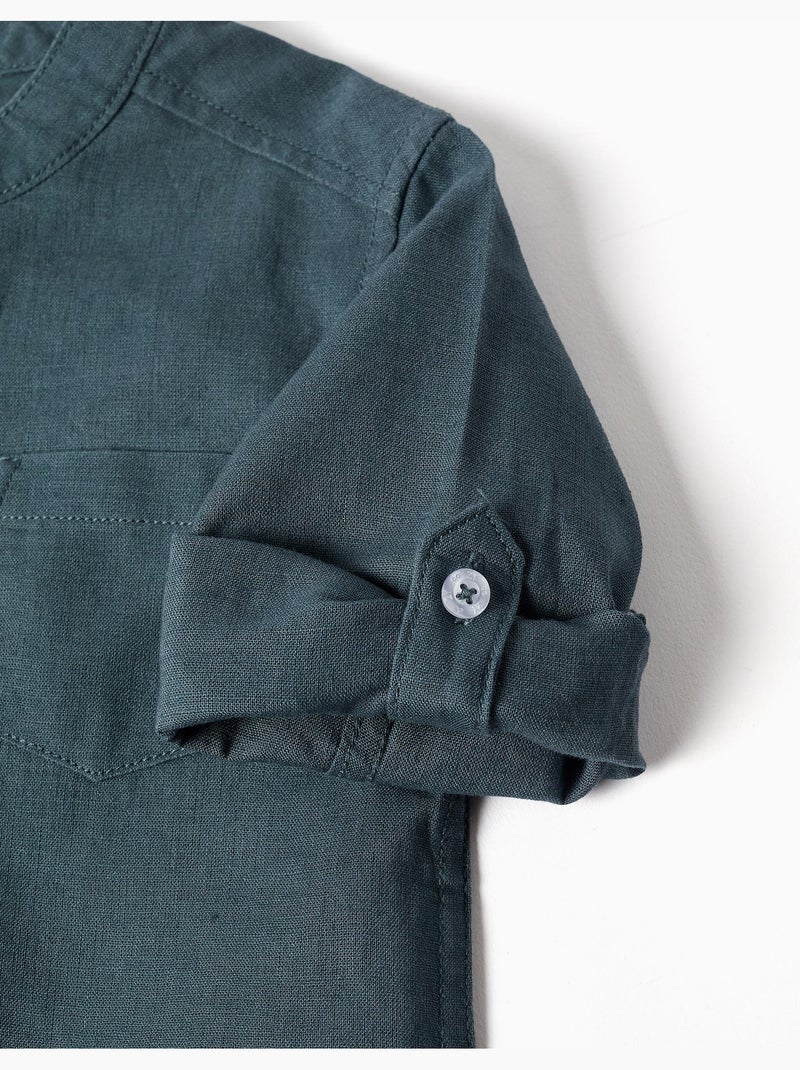 Camicia a maniche lunghe in lino e cotone con collo alla coreana Blu Blu - Kiabi