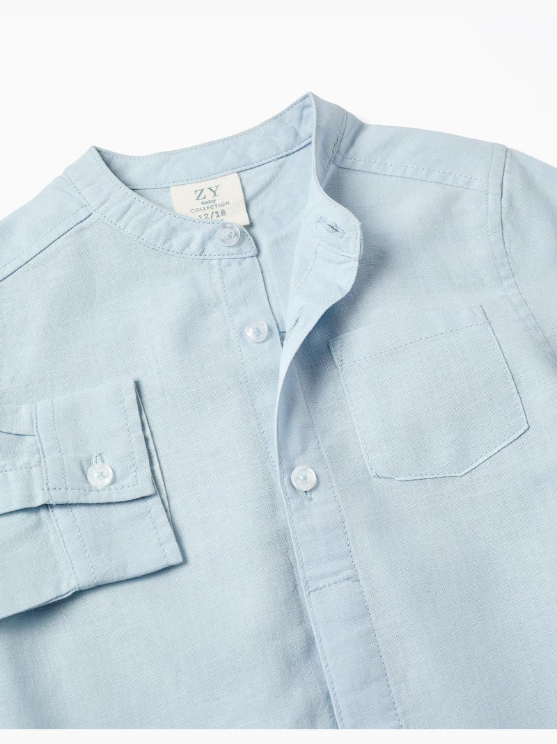 Camicia a maniche lunghe in lino e cotone con collo alla coreana Blu chiaro - Kiabi