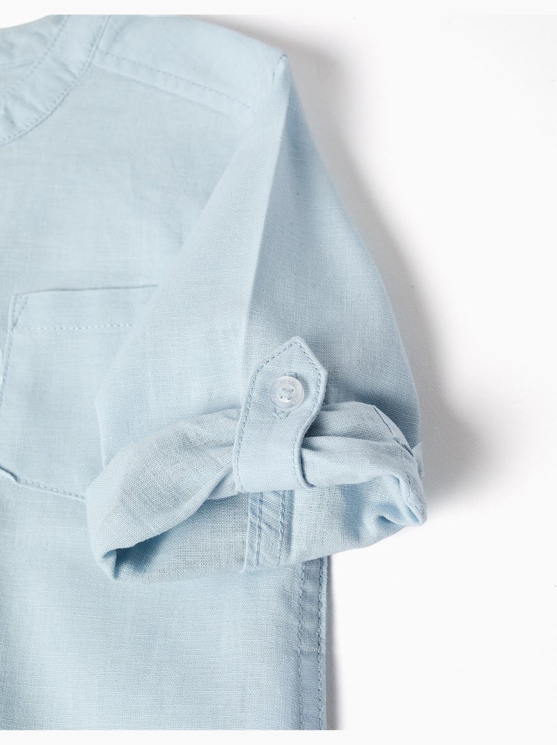 Camicia a maniche lunghe in lino e cotone con collo alla coreana Blu chiaro - Kiabi