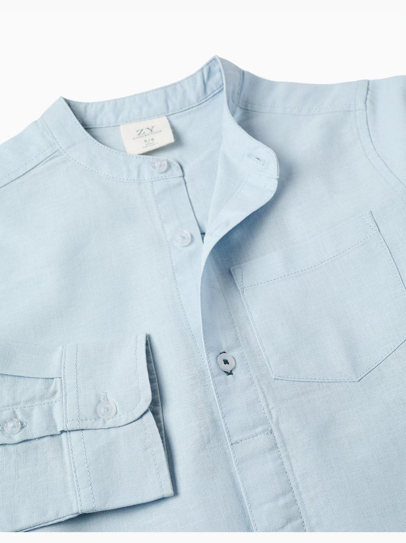 Camicia a maniche lunghe in lino e cotone con collo alla coreana Blu chiaro - Kiabi