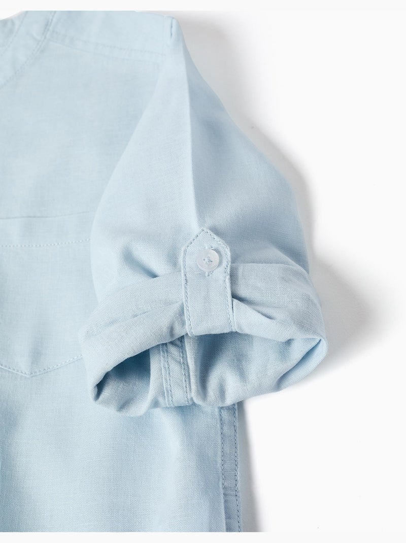 Camicia a maniche lunghe in lino e cotone con collo alla coreana Blu chiaro - Kiabi
