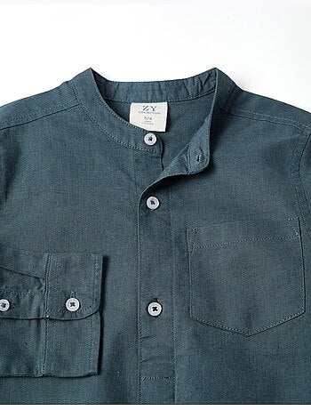 Camicia a maniche lunghe in lino e cotone con collo alla coreana