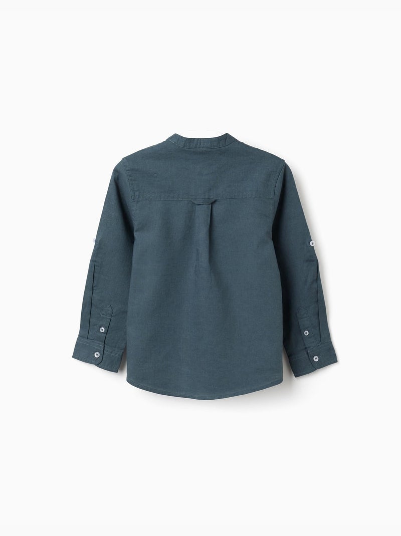 Camicia a maniche lunghe in lino e cotone con collo alla coreana Blu scuro - Kiabi