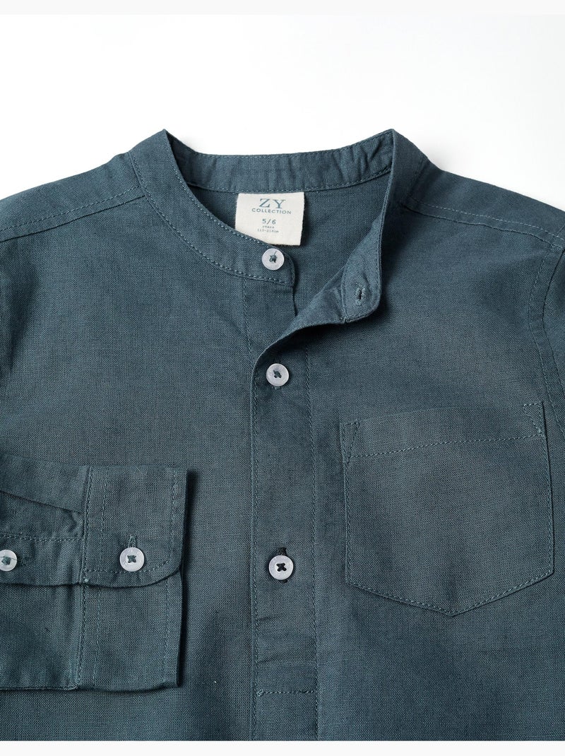 Camicia a maniche lunghe in lino e cotone con collo alla coreana Blu scuro - Kiabi