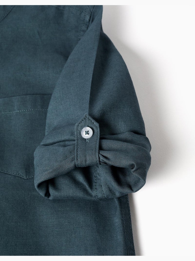 Camicia a maniche lunghe in lino e cotone con collo alla coreana Blu scuro - Kiabi