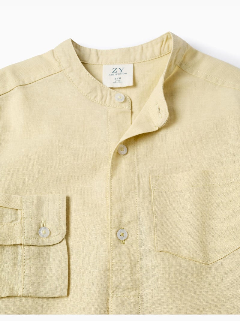 Camicia a maniche lunghe in lino e cotone con collo alla coreana Giallo chiaro - Kiabi