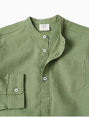 Camicia a maniche lunghe in lino e cotone con collo alla coreana