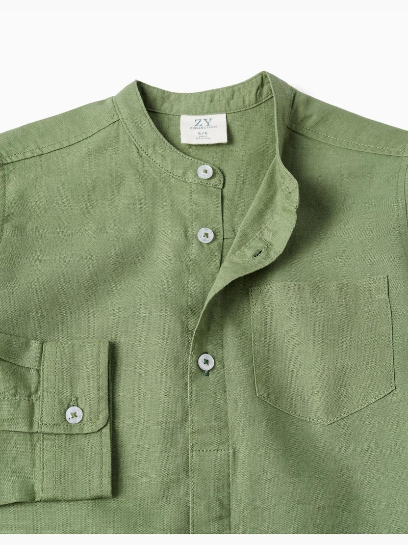 Camicia a maniche lunghe in lino e cotone con collo alla coreana Verde - Kiabi