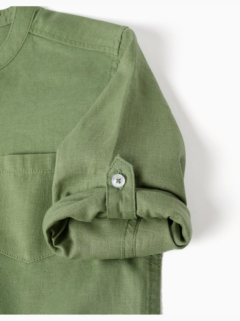 Camicia a maniche lunghe in lino e cotone con collo alla coreana Verde - Kiabi