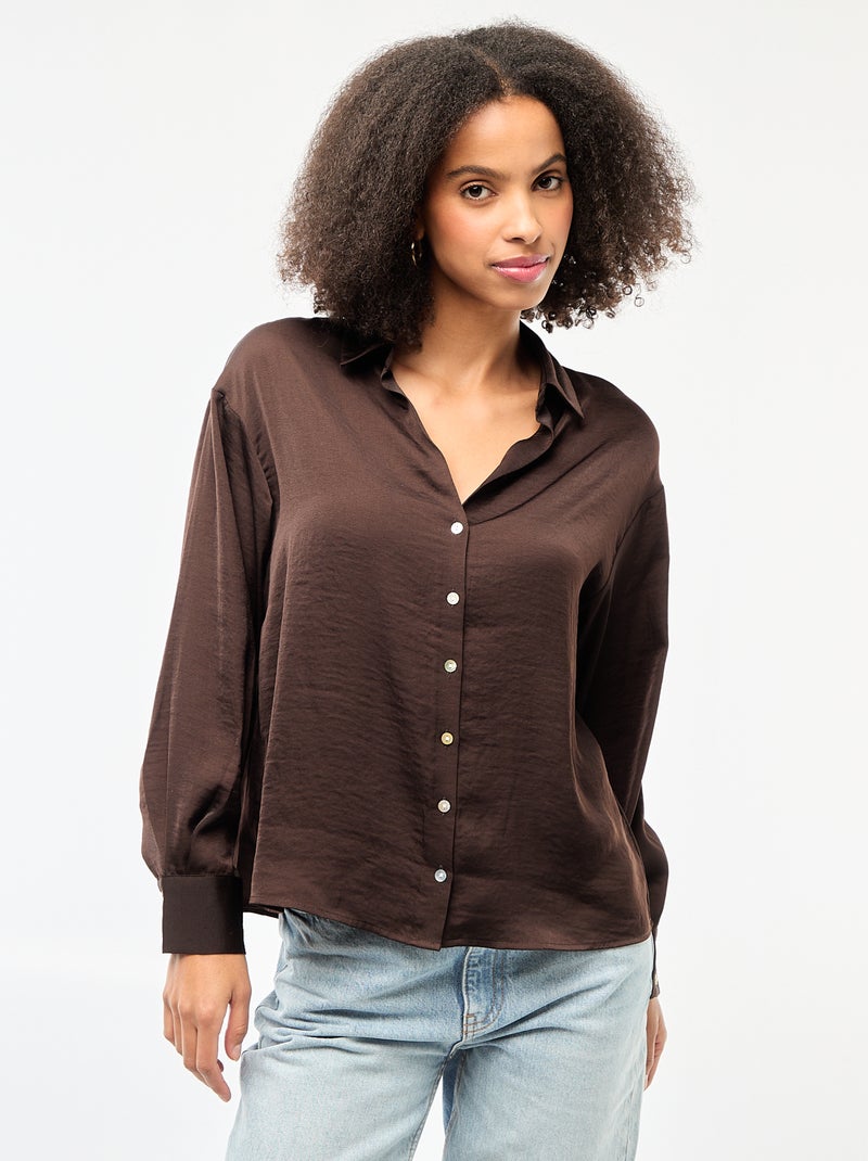 Camicia a maniche lunghe in raso tinta unita Marrone - Kiabi