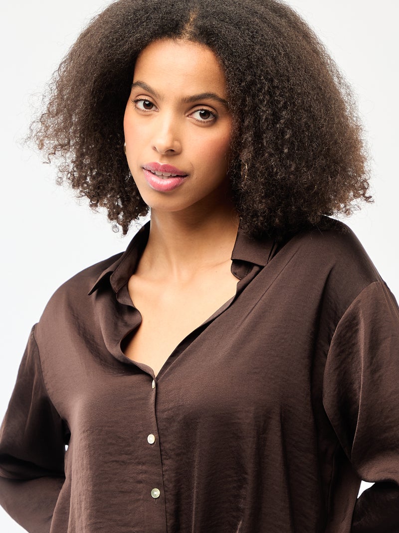 Camicia a maniche lunghe in raso tinta unita Marrone - Kiabi