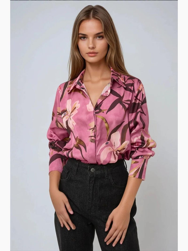 Camicia a maniche lunghe stampata in raso hiccup Rosa - Kiabi